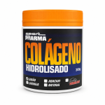 Hydrolyzed collagen supplement container with orange lid; label reads COLÁGENO HIDROLISADO, 300 g, by Sport Pharma, flavor options listed.